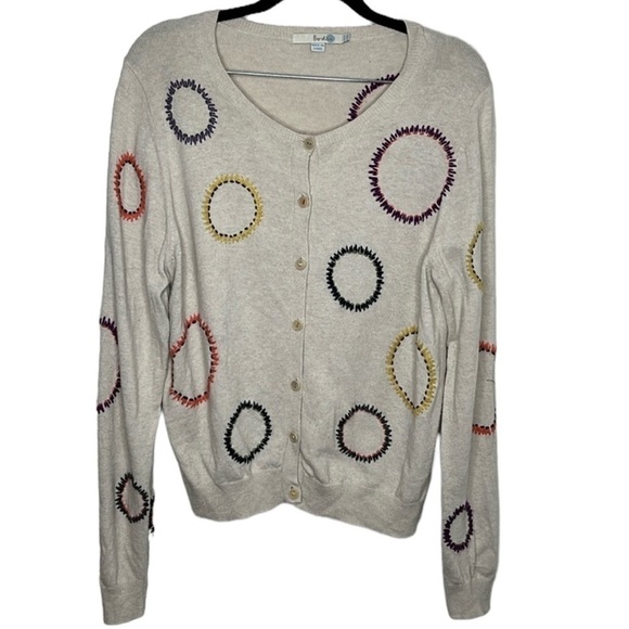 Boden Tan Rainbow Embroidered Circle Button Up Cardigan Women's Size 12 BLEMISH - Picture 1 of 5